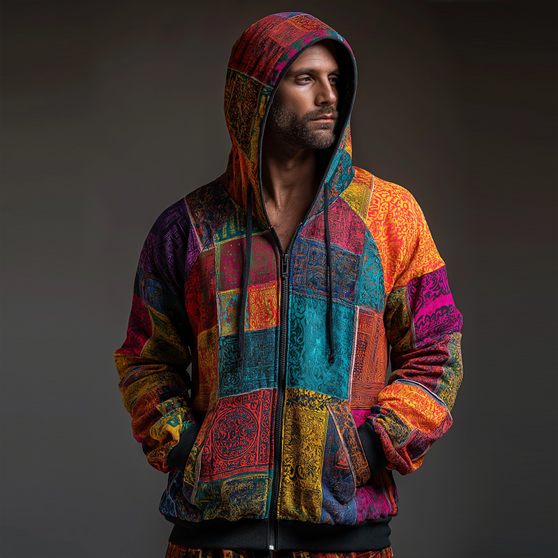 Men's Retro Casual Hippie Print Zipper Hooded Sweatshirt MTA0726H4TO