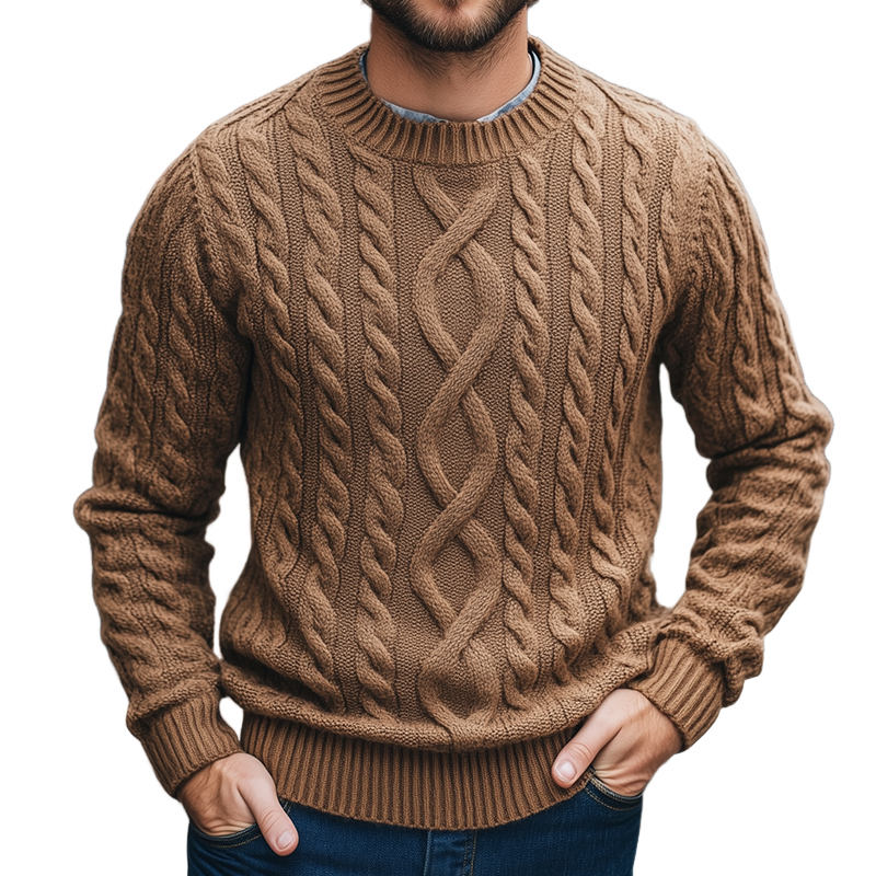 Men's Retro Casual Knitted Cable Knit Crew Neck Sweater MTA0481K6TO