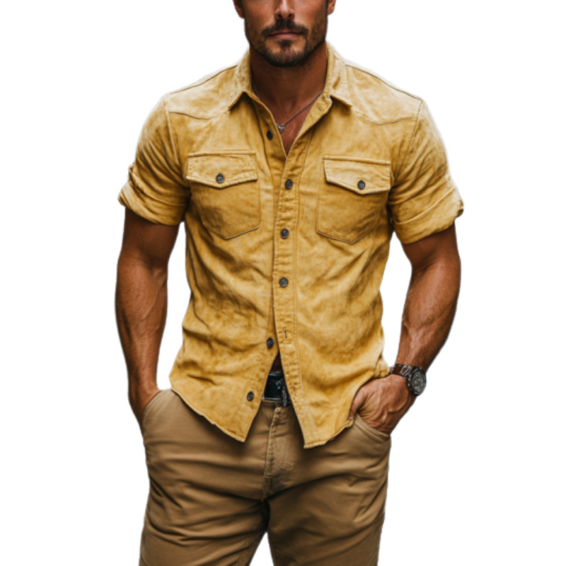 Men's Classic Retro Western Fit Multi-Pocket Suede Short Sleeve Shirt 88235754K