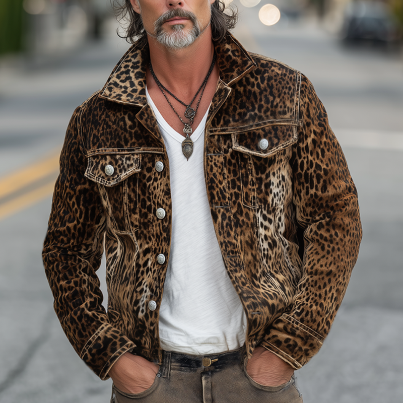 Men's Vintage Leopard Suede Lapel Button-Down Jacket MTA1451H7U