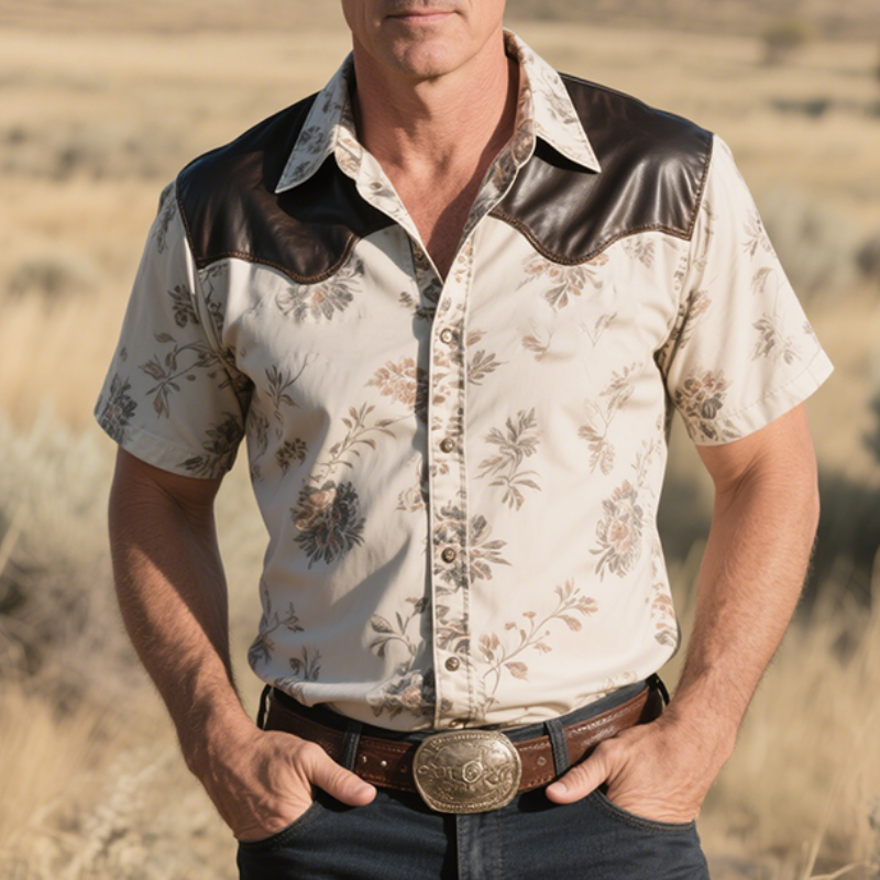 Men's Retro Western Cowboy Style Ranch Classic Leather Splicing Print Lapel Short Sleeve Shirt MTA1371E7TO