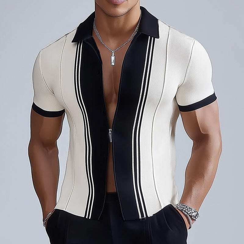 Men's Business Black And White Color Block Lapel Zipper Slim Fit Knitted Shirt MTA0772E6U