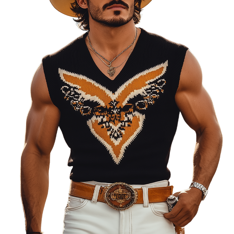 Men's Spring And Summer Fashion Casual Western Cowboy Style V-neck Slim Thin Knitted Contrast Jacquard Tank Top MTA1523E6K