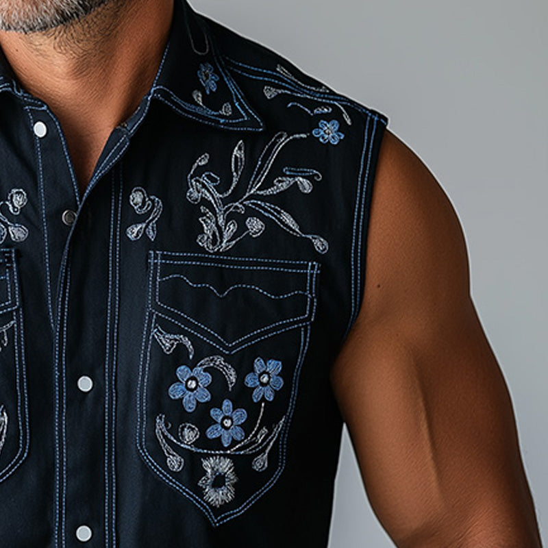 Men's Summer Western Cowboy Style Embroidered Cotton Blended Sleeveless Shirt MTA1480E0P