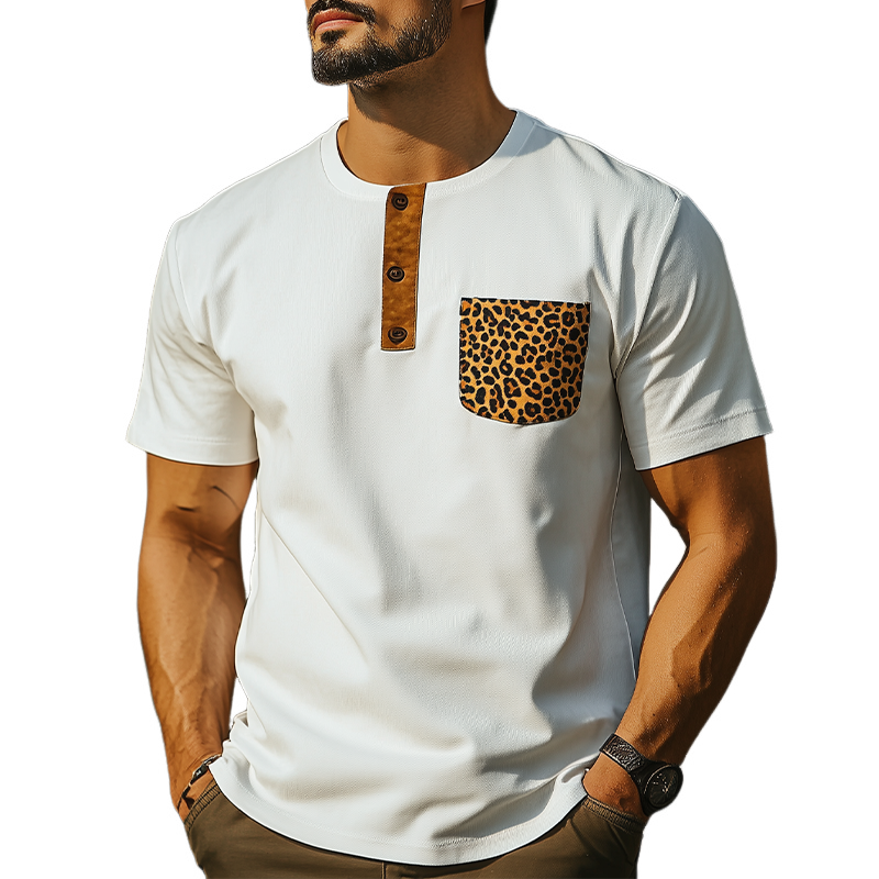 Herre vår- og sommermote retro western cowboy-stil slim fit henley-krage med lomme og leopardtrykk i bomullsblanding med korte ermer MTA0881E0K