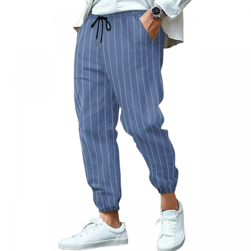 Men's Casual Breathable Cotton Linen Striped Elastic Waist Loose Cuff Pants MTA0758G3M