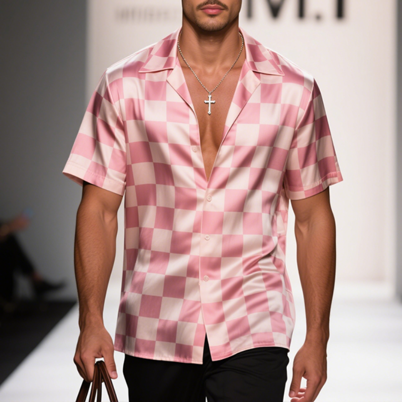 Men's Retro Casual Checkerboard Satin Print Lapel Short Sleeve Shirt MTA2967E4TO