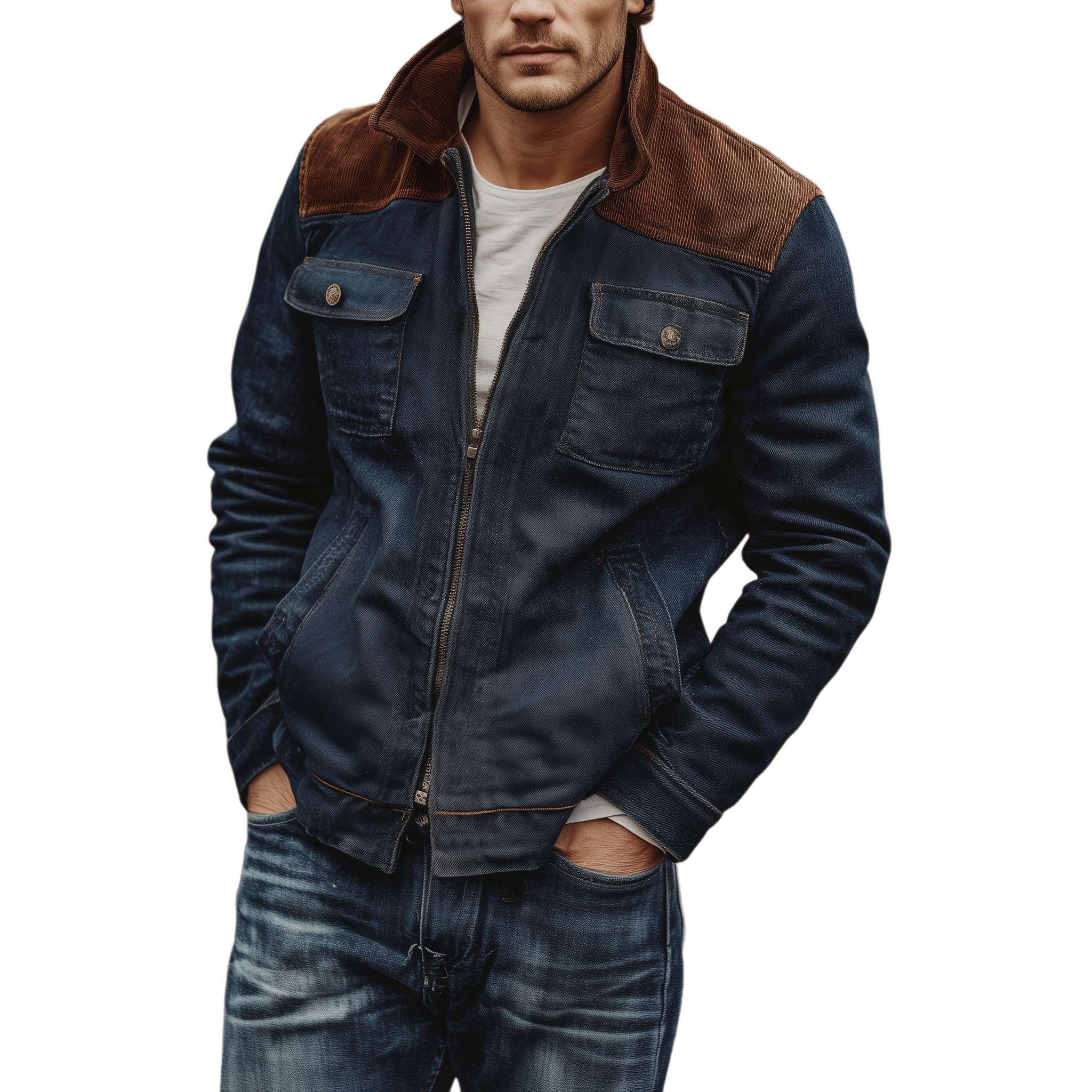 Men's Classic Vintage Corduroy Patchwork Twill Cotton Multi-pocket Jacket MTA1077I3K