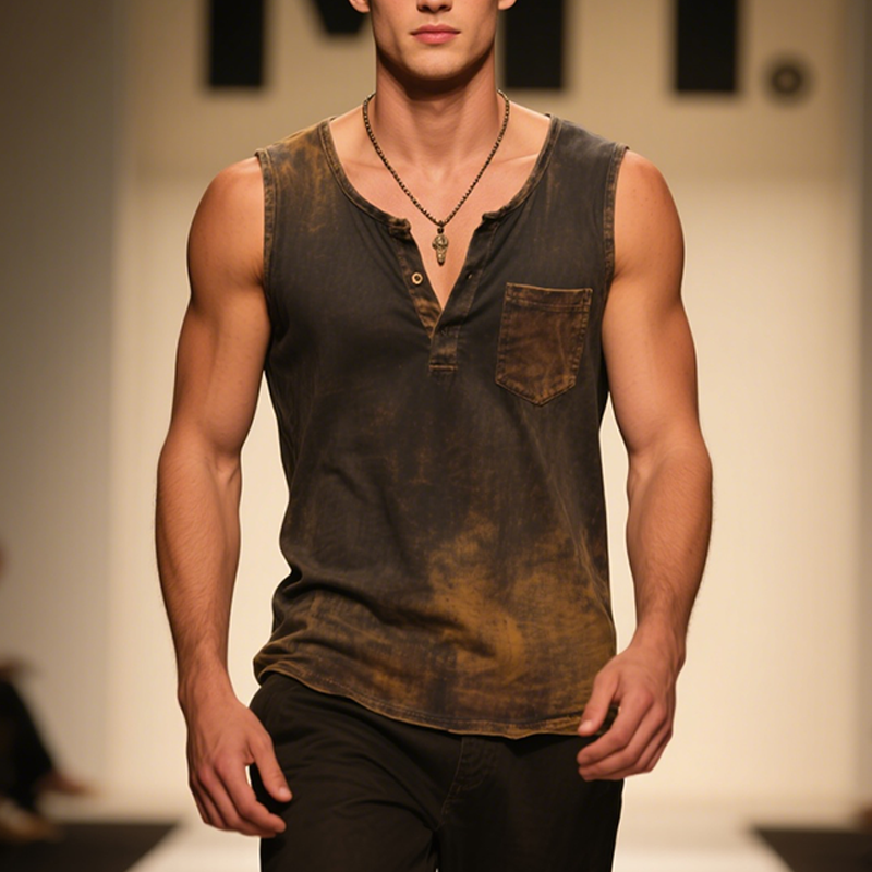 Men's Vintage Casual Gradient Print Henley Neck Sleeveless Tank Top MTA2354F8TO