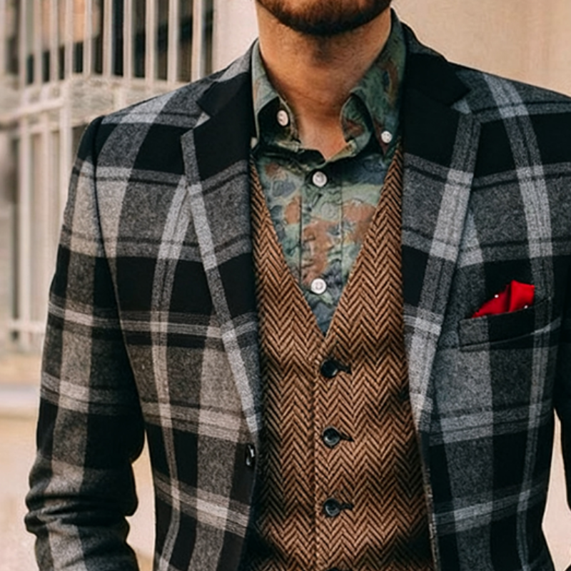 Men's Vintage Casual Check Button Blazer MTA1505J0TO