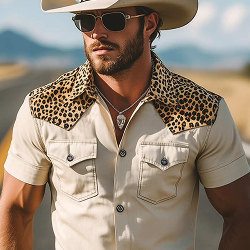 Men's Spring And Summer Classic Retro Western Cowboy Style Cotton Blended Leopard Print Slim Short-Sleeved Shirt MTA1037E3K