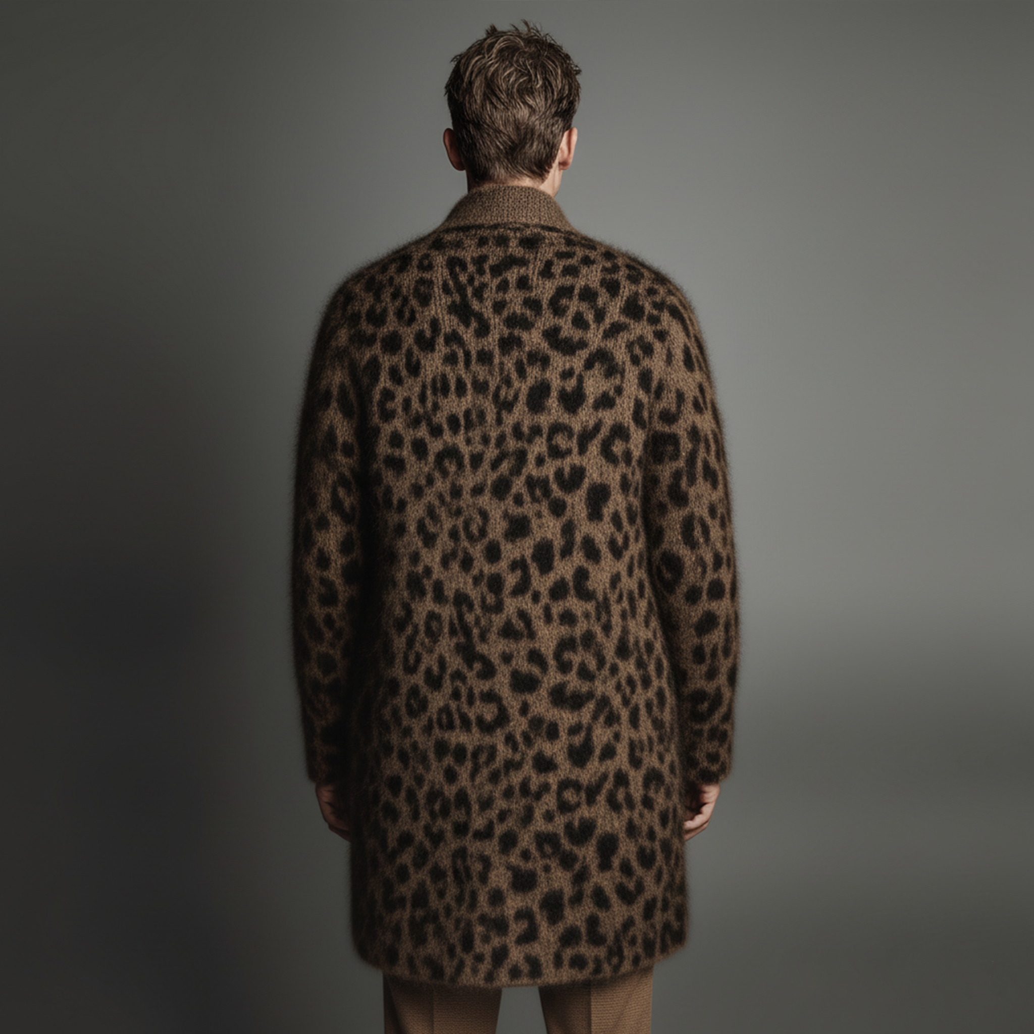 Men's Classic Casual Stand-up Collar Leopard Print Thigh-length Knitted Cardigan MTA1697J6K