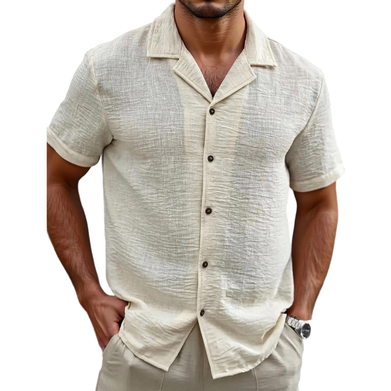 Men's Holiday Casual Cotton And Linen Solid Color Short-sleeved Shirt MTA1635G4X