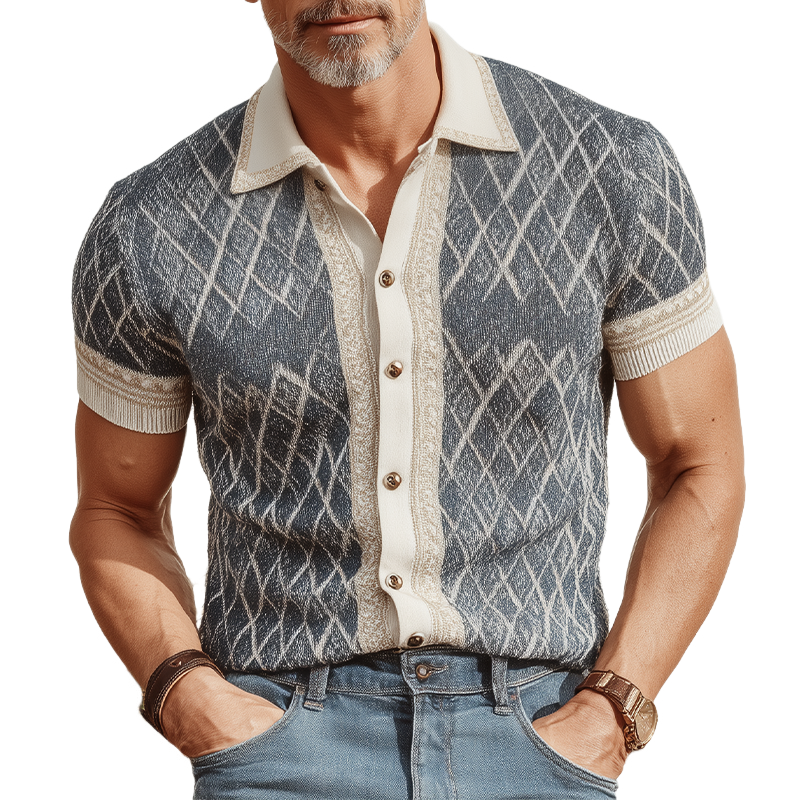 Men's Spring And Summer Fashion Retro Slim Fit Knitted Metal Button Short Sleeve Shirt MTA2066F4K