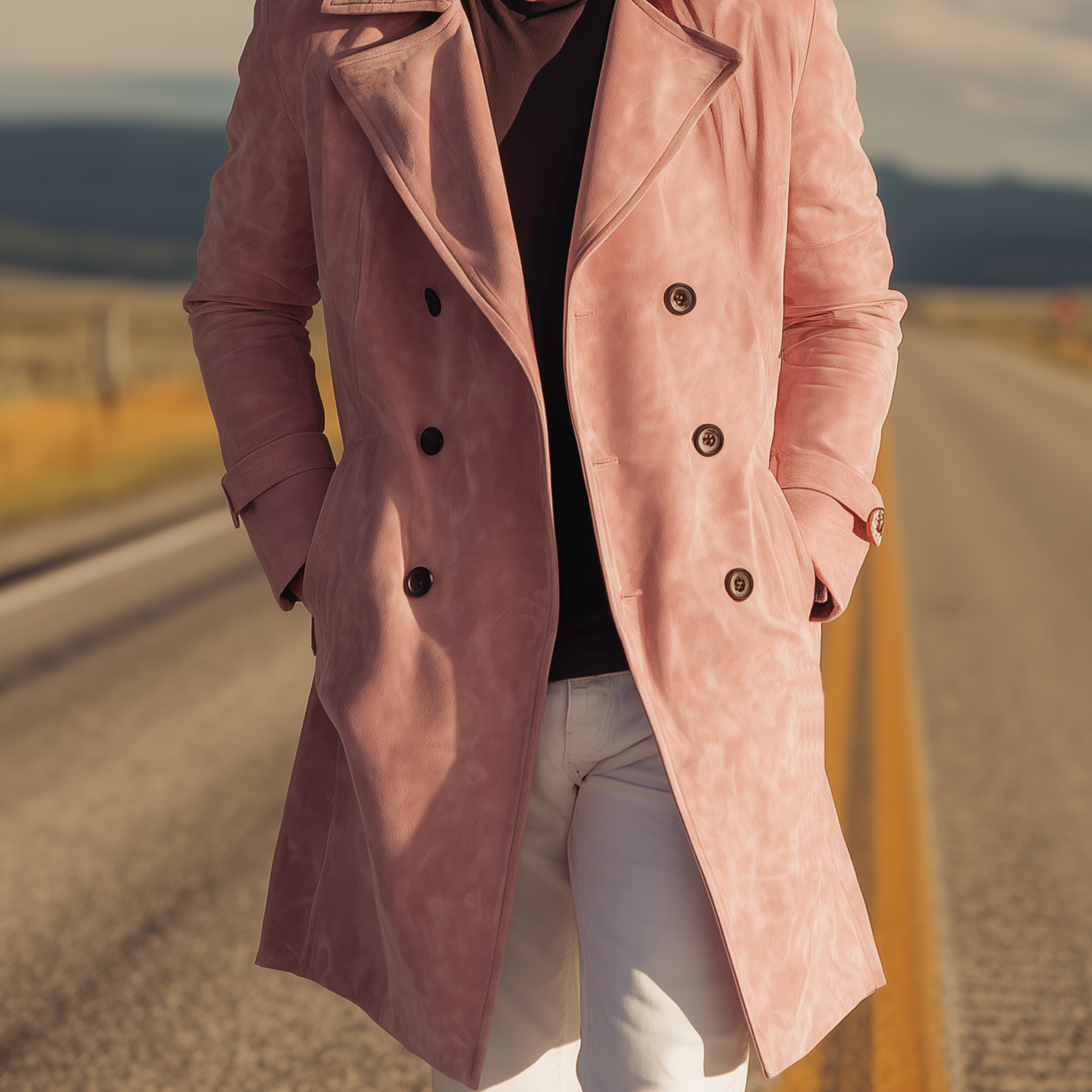 Men's Classic American Retro Western Pink Suede Double-Breasted Coat MTA1902H5K