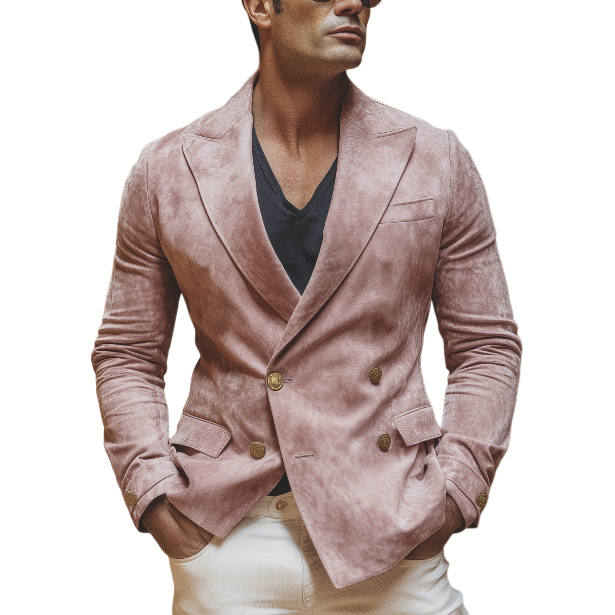 Men's Classic Retro Western Style Double-breasted Pink Suede Slim-fit Blazer MTA2135H8K