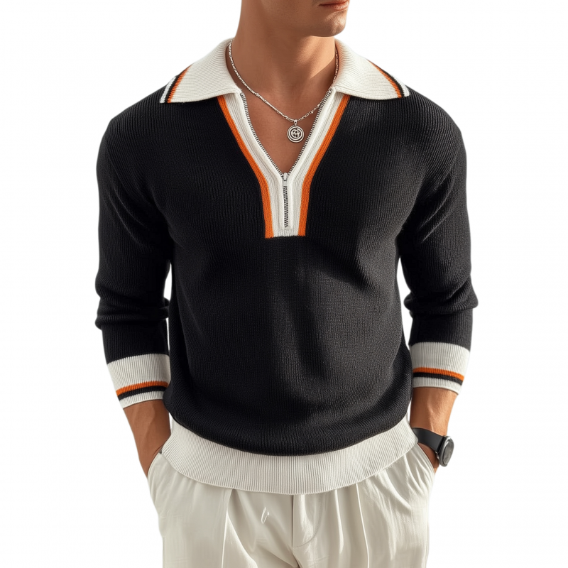 Men's Casual Contrast Color Zipper Lapel Slim Fit Knitted Long Sleeve Polo Shirt MTA3105G3M