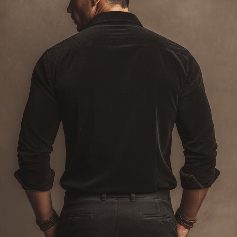 Men's Elegant Black Faux Suede Floral Embroidery Long-sleeved Shirt MTZ2259A1U