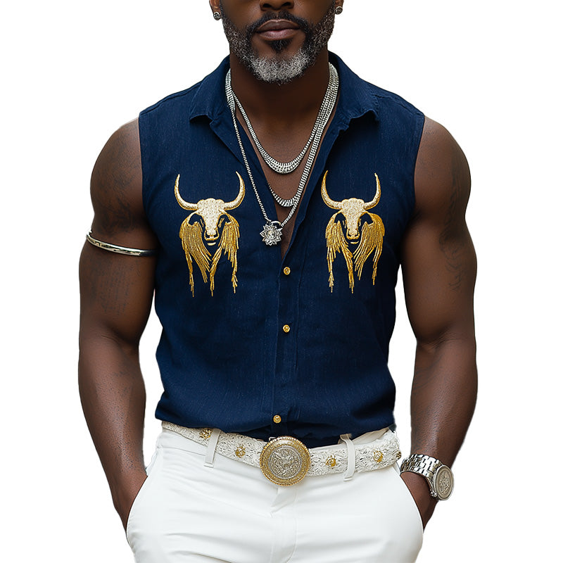 Herre sommerskjorte i western cowboy-stil med broderi og ermeløs denim MTA2932E4P