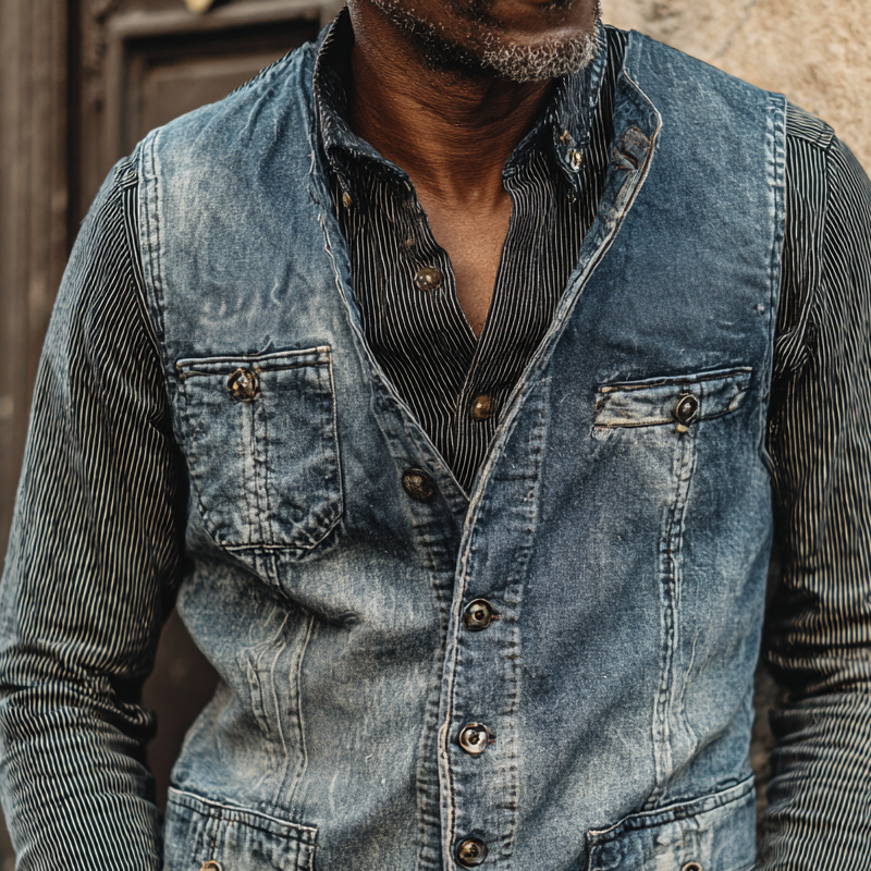 Men's Vintage Washed Denim Round Neck Single Breasted Fake Pockets Vest MTA2153H8Z