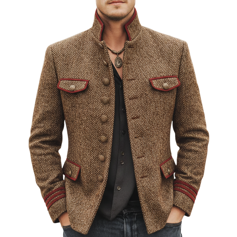 Men's Retro Stand Collar Multi-Button Herringbone Faux Wool Jacket MTA1419K1U