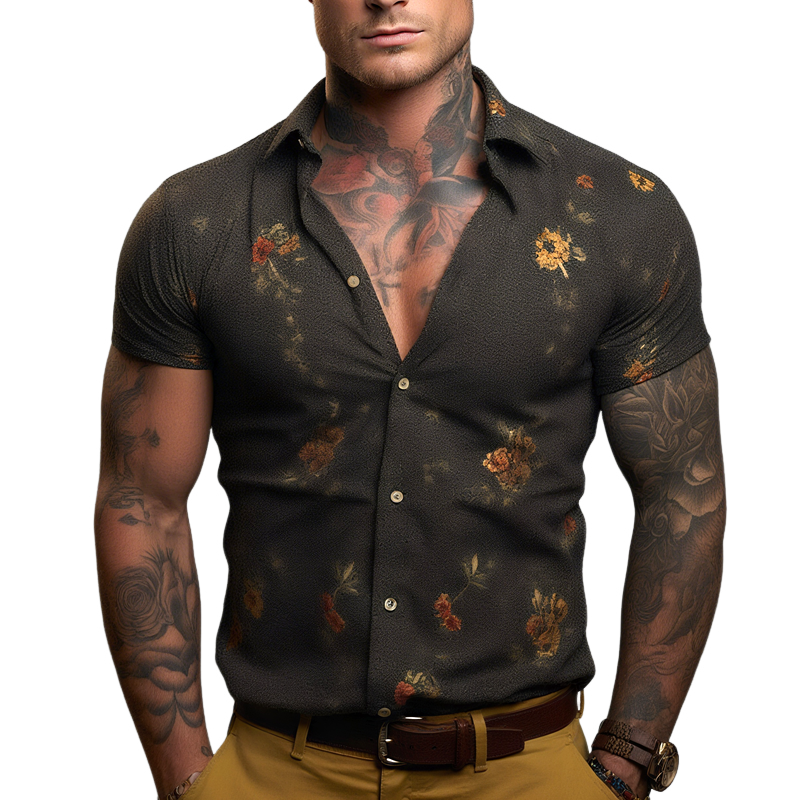 Men's Floral Print Lapel Short Sleeve Shirt MTA2145G7Z