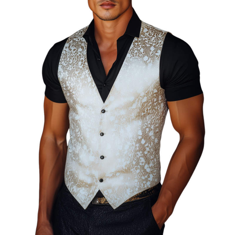 Men's Vintage Elegant Satin Jacquard V-neck Single-breasted Slim Suit Vest MTA2467G3M