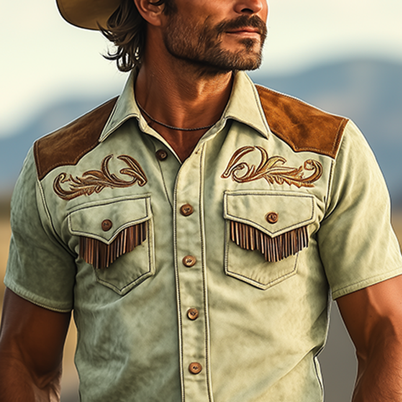 Men's Spring And Summer Fashion Retro Western Cowboy Style Thin Suede Stitching Embroidery Tassel Slim Short-sleeved Shirt MTA1504E4K