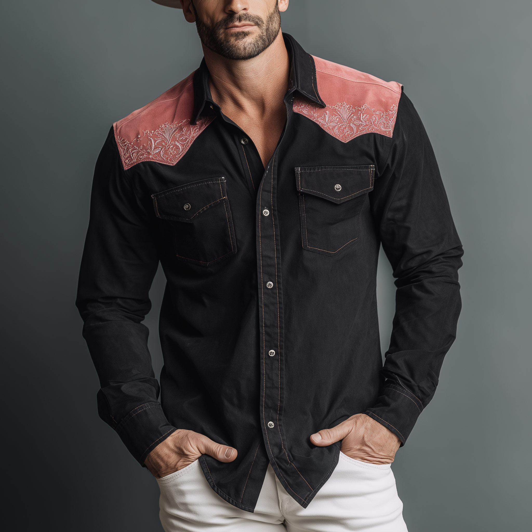 Men's Classic Retro Western Style Shoulder Pink Suede Embroidery Patchwork Cotton Blend Long Sleeve Shirt MTA2239H3K