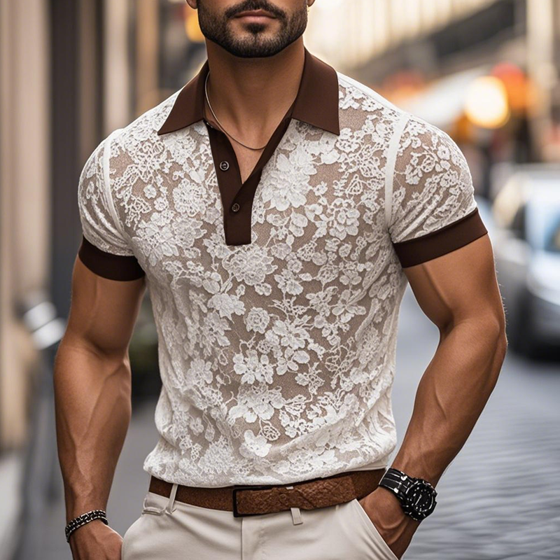 Men's Fashion  Lace Colorblock Lapel Short Sleeve Polo Shirt MTA1670E4Z