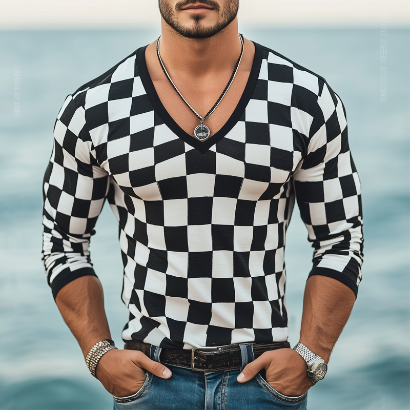 Men's Classic Checkerboard Deep V Neck Long Sleeve T-Shirt MTA2237G6U