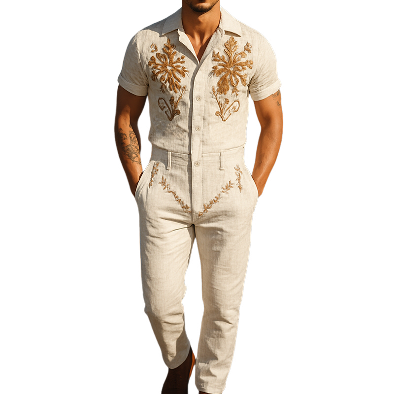 Men's Spring And Summer Fashion American Western Style Cotton And Linen Embroidered Jumpsuit MTA0914F5K