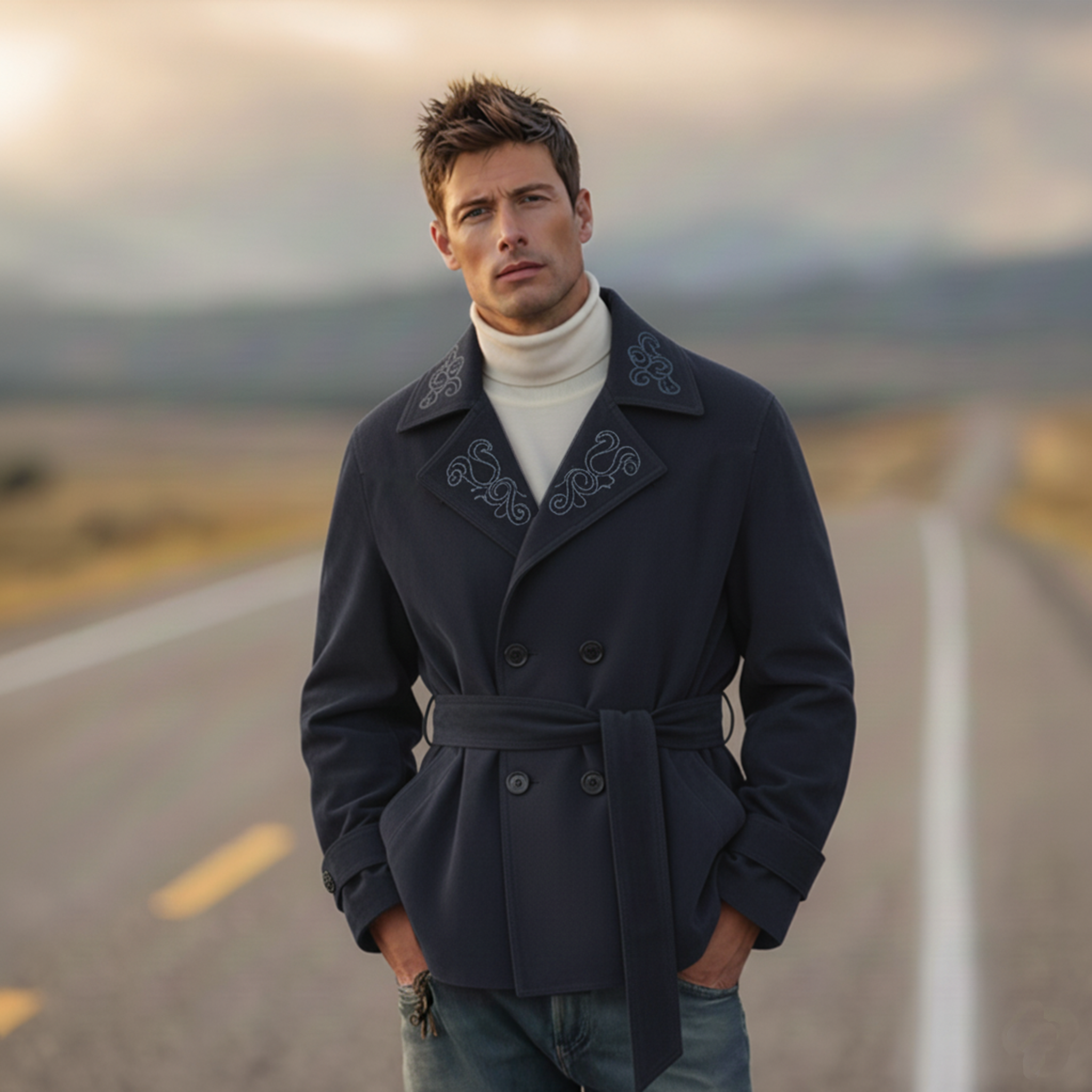 Men's Classic Retro Western Style Lapel Embroidered Faux Suede Double-breasted Jacket MTA1145K2K