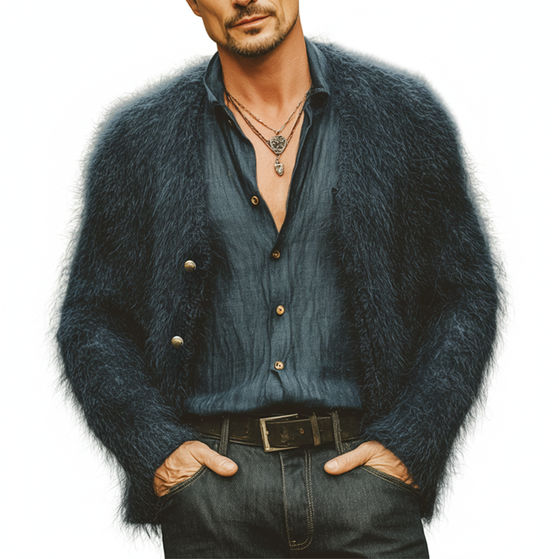 Men's Vintage Faux Mink V-Neck Button-Down Knit Cardigan MTA1756J5U