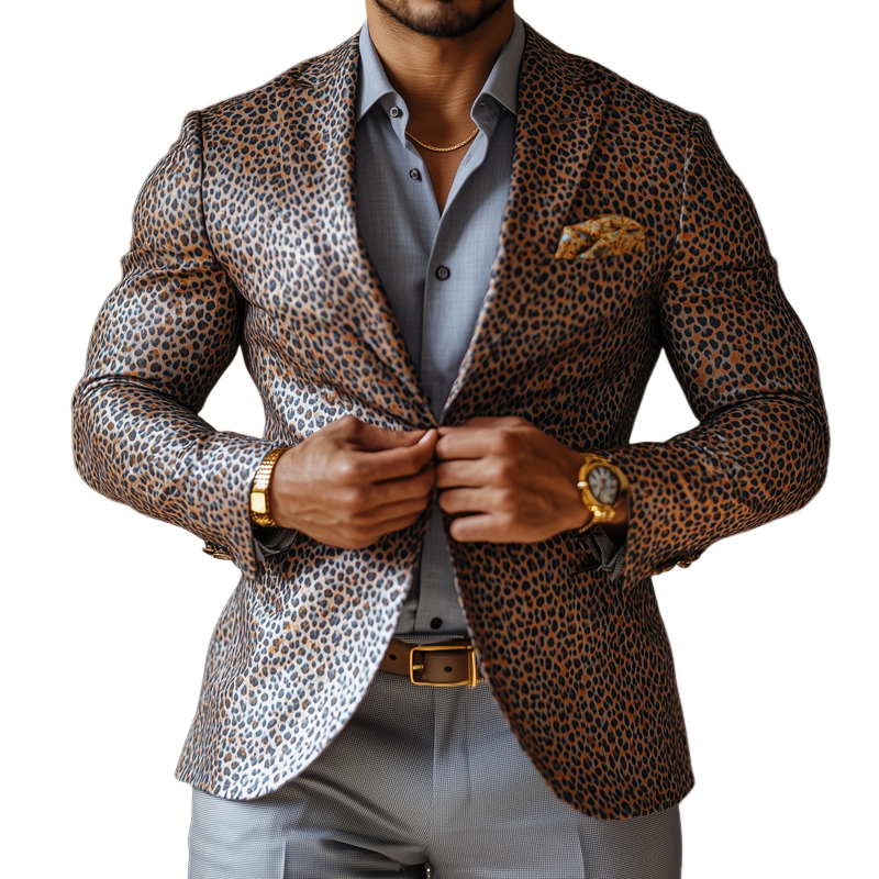 Herremote Leopard Satin Peak Lapel Blazer med to knapper 38892382Z