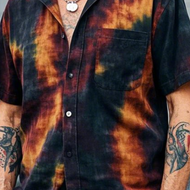 Men's Vintage Casual Lapel Tie-dye Printed Cotton Blend Short-sleeved Shirt 76078684F