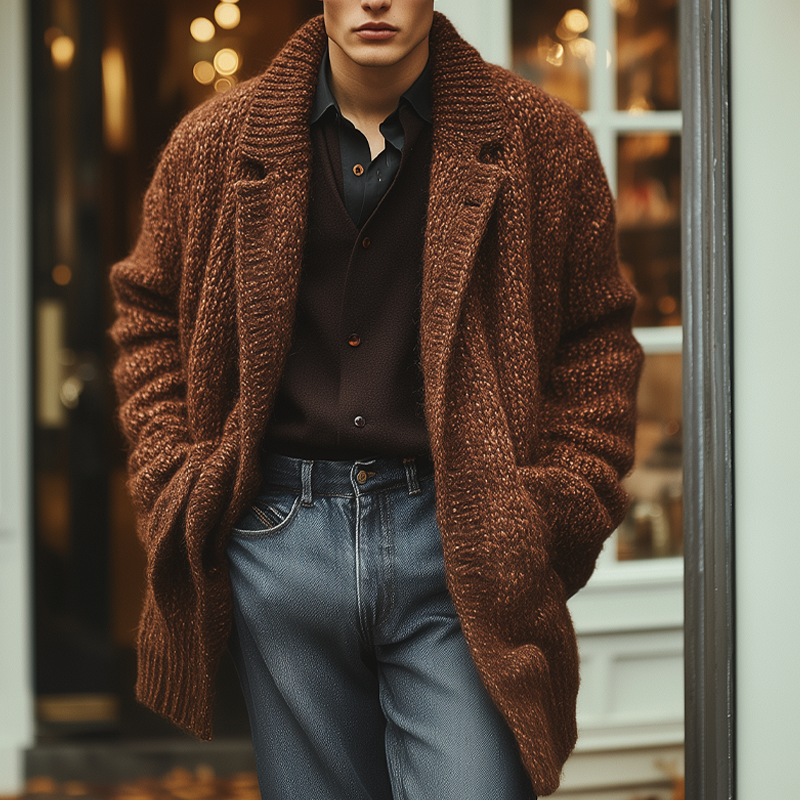 Men's Retro Mottled Collar Thick Knit Cardigan MTA0548K9X