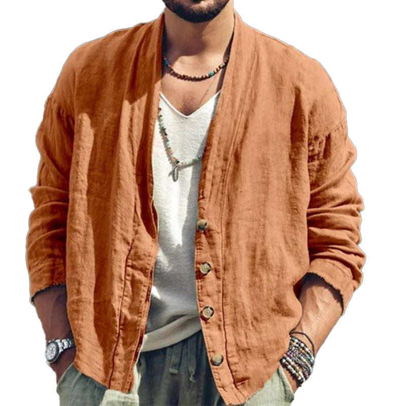 Men's Solid Color Cotton And Linen Long-Sleeved Cardigan MTA2307G0P