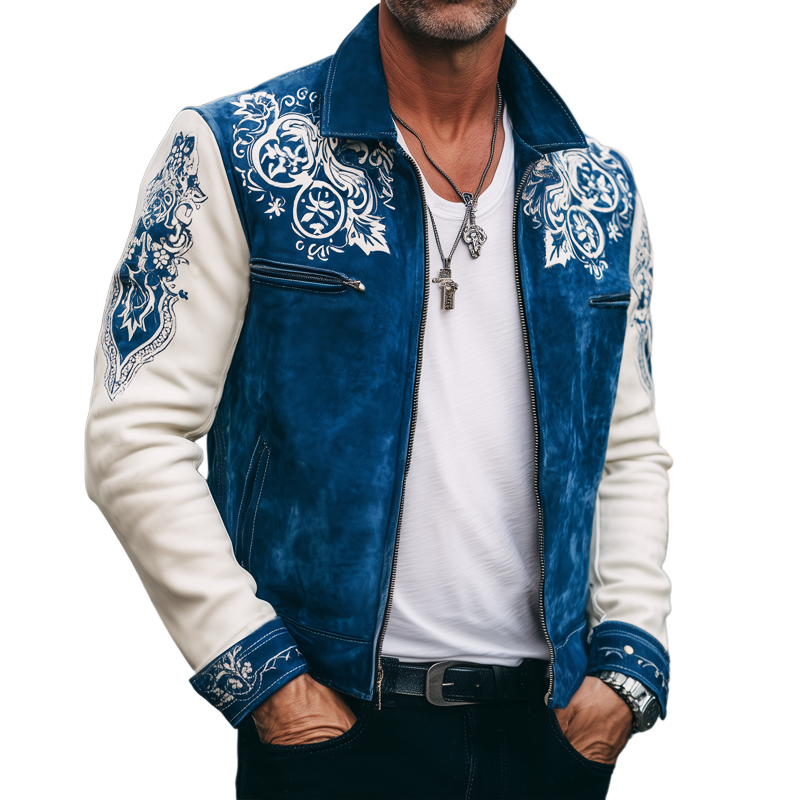 Men's Vintage Colorblock Print Suede Zip-Up Jacket MTA2543H8U