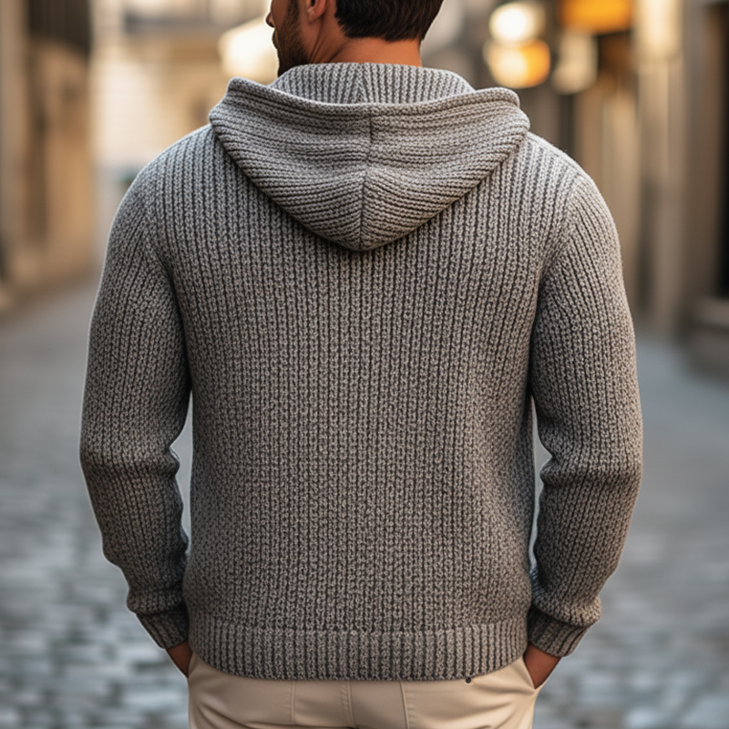 Men's Classic Chunky Textured Zip-up Hooded Knit Cardigan Cardigan