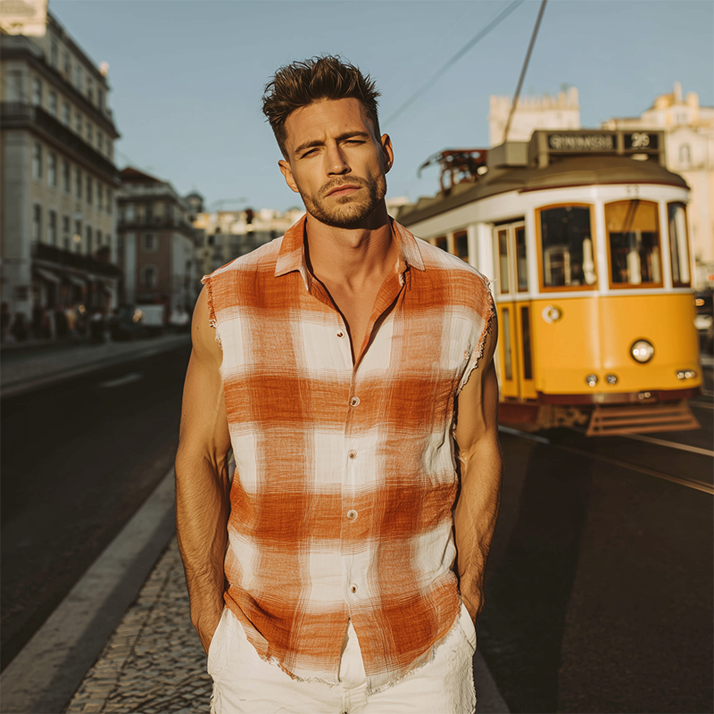 Men's Spring And Summer Fashion Casual Contrast Plaid Cotton Blended Sleeveless Shirt MTA1916F0K