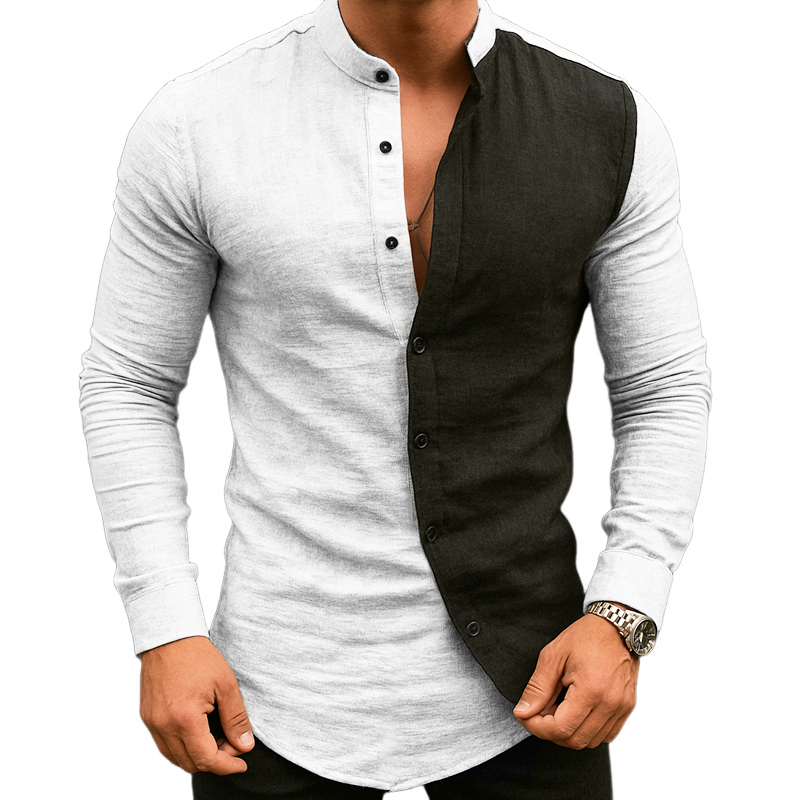 Men's Retro Casual Cotton And Linen Colorblock Stand Collar Long Sleeve Shirt MTA2835G7TO