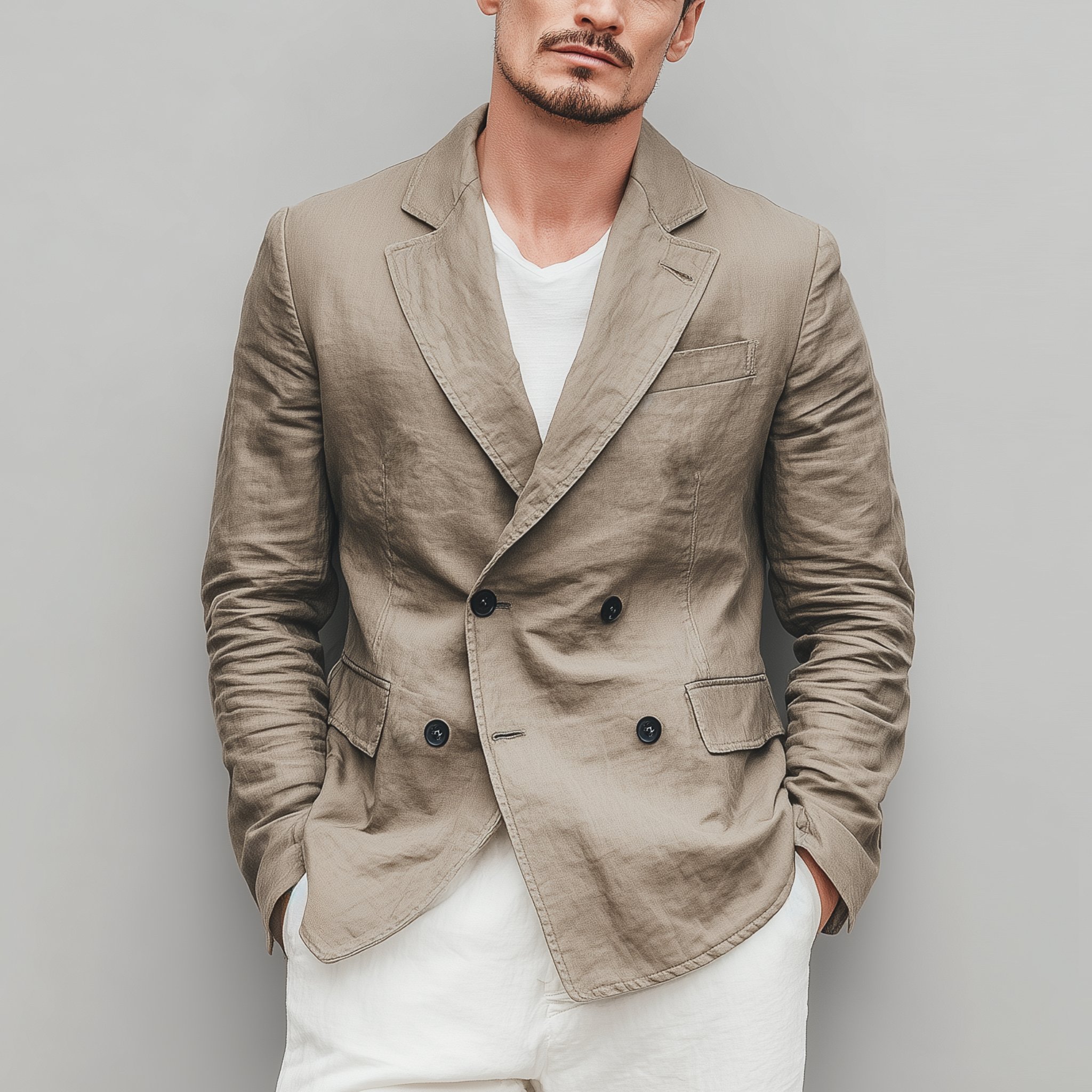 Men's Classic Casual Cotton And Linen Blend Solid Color Double Breasted Blazer MTA2533G2K