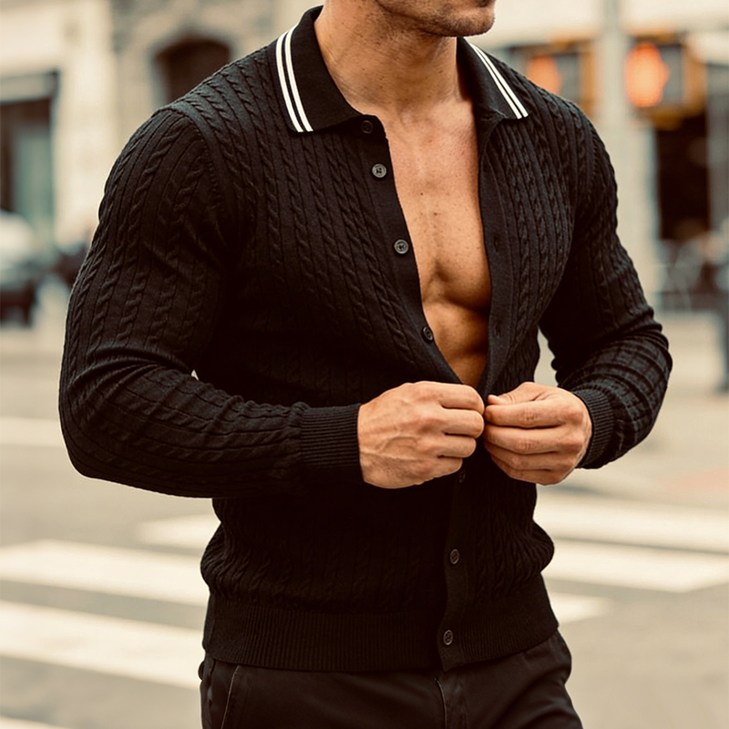 Men's Retro Casual Color Block Knitted Lapel Shirt Sweater MTA2276L7TO