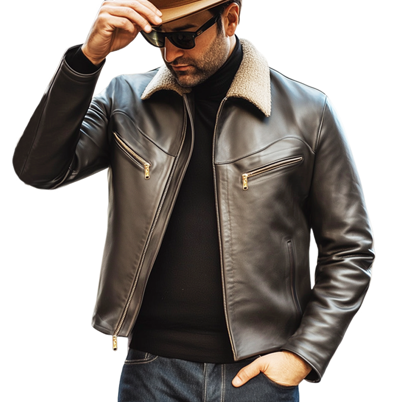 Men's Vintage PU Leather Lambswool Collar Zipper Jacket MTA2894H4U