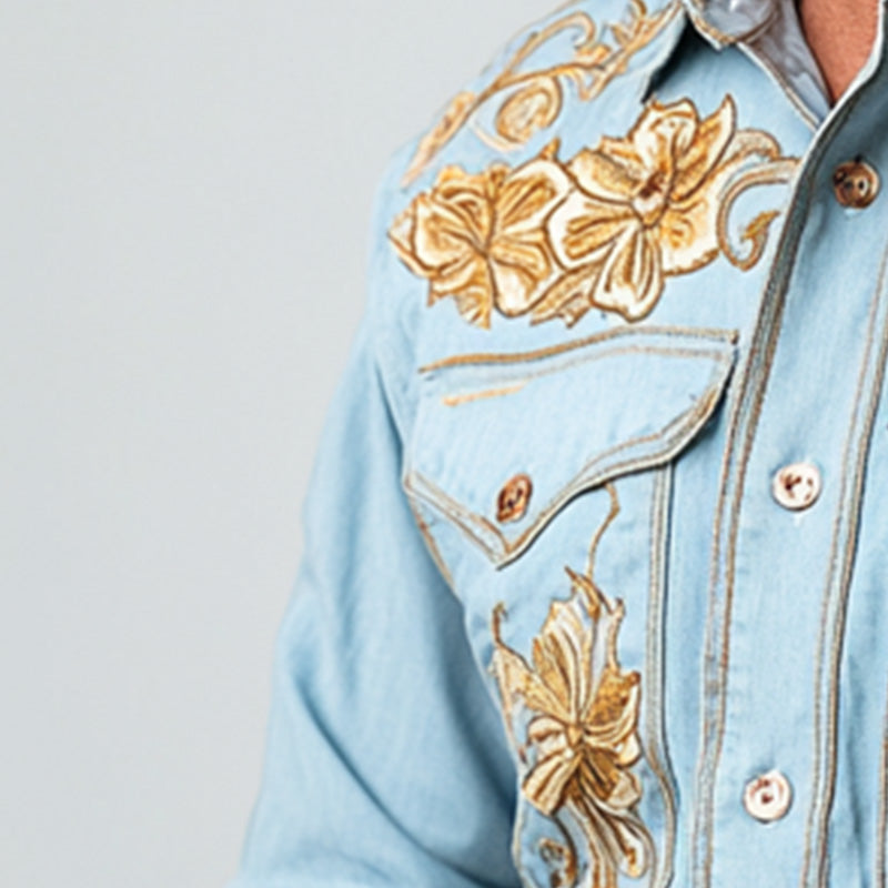 Men's Summer Western Cowboy Style Thin Denim Embroidered Long-Sleeved Shirt MTA2847D4P