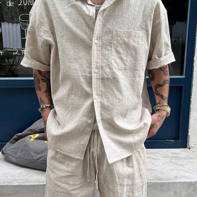 Men's Casual Breathable Linen Lapel Patch Pocket Loose Short Sleeve Shirt Elastic Waist Shorts Holiday Set MTA2755E5M