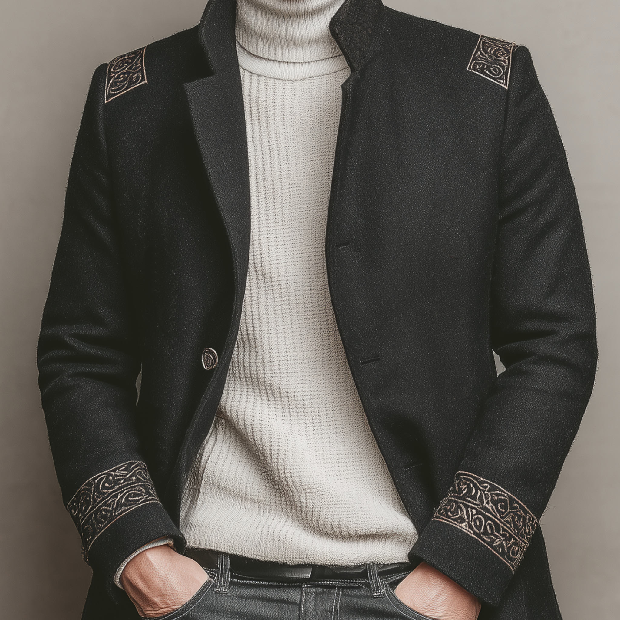 Men's Classic Retro Stand-up Collar Embroidered Faux Wool Jacket MTA0692K2K