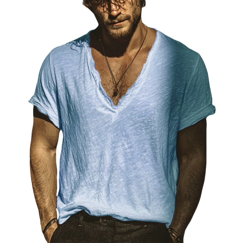 Men's Vintage Cotton Blended Solid Color Short Sleeve V Neck T-Shirt MTA0248G2X