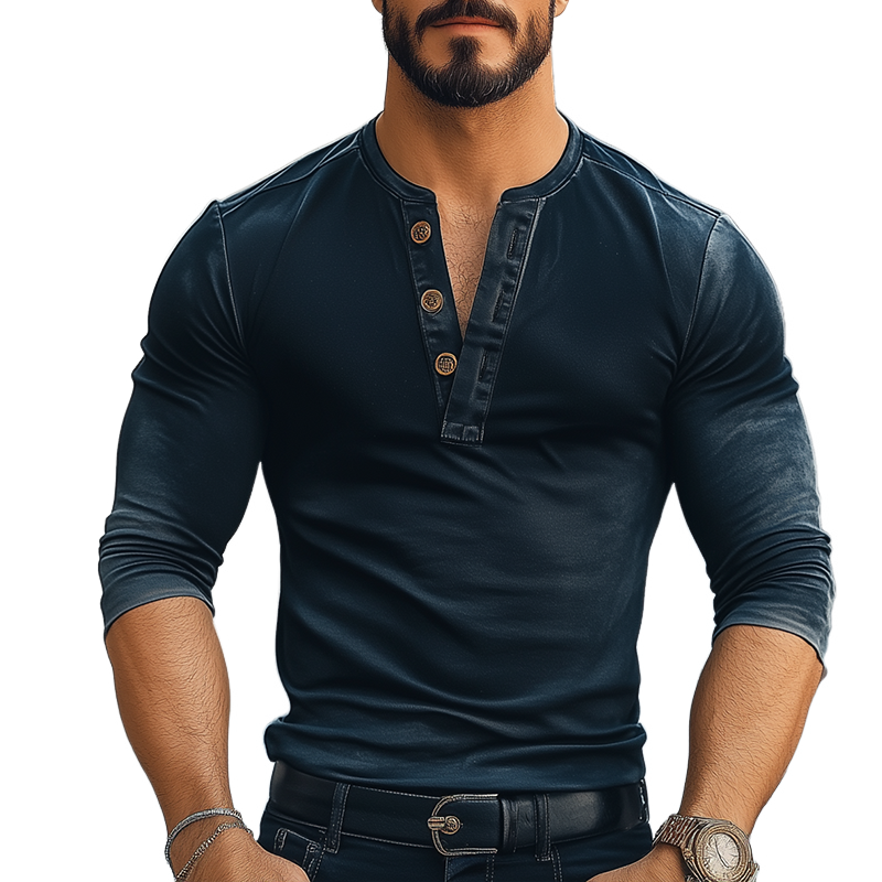 Men's Retro Casual Gradient Print Henley Neck Long Sleeve T-Shirt MTA3025F7TO